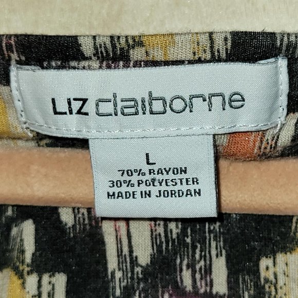 Liz Claiborne Black Orange Yellow Multicolor Print Top Women Size L - Picture 3 of 9